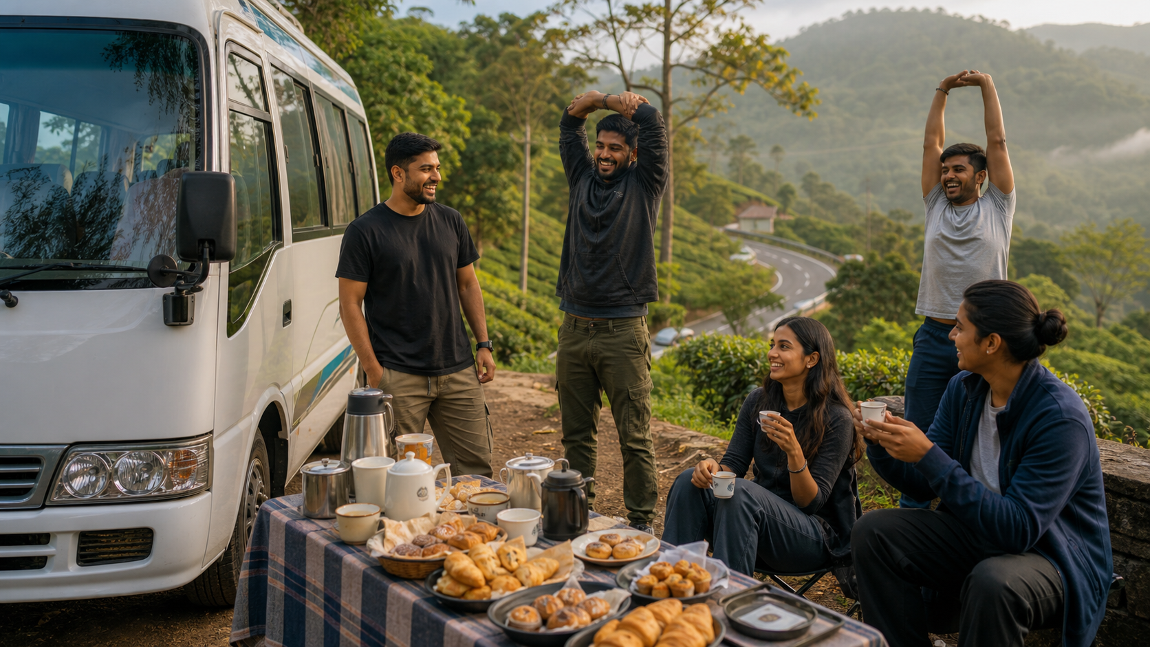 Roadside tea and pastry break in the hills
