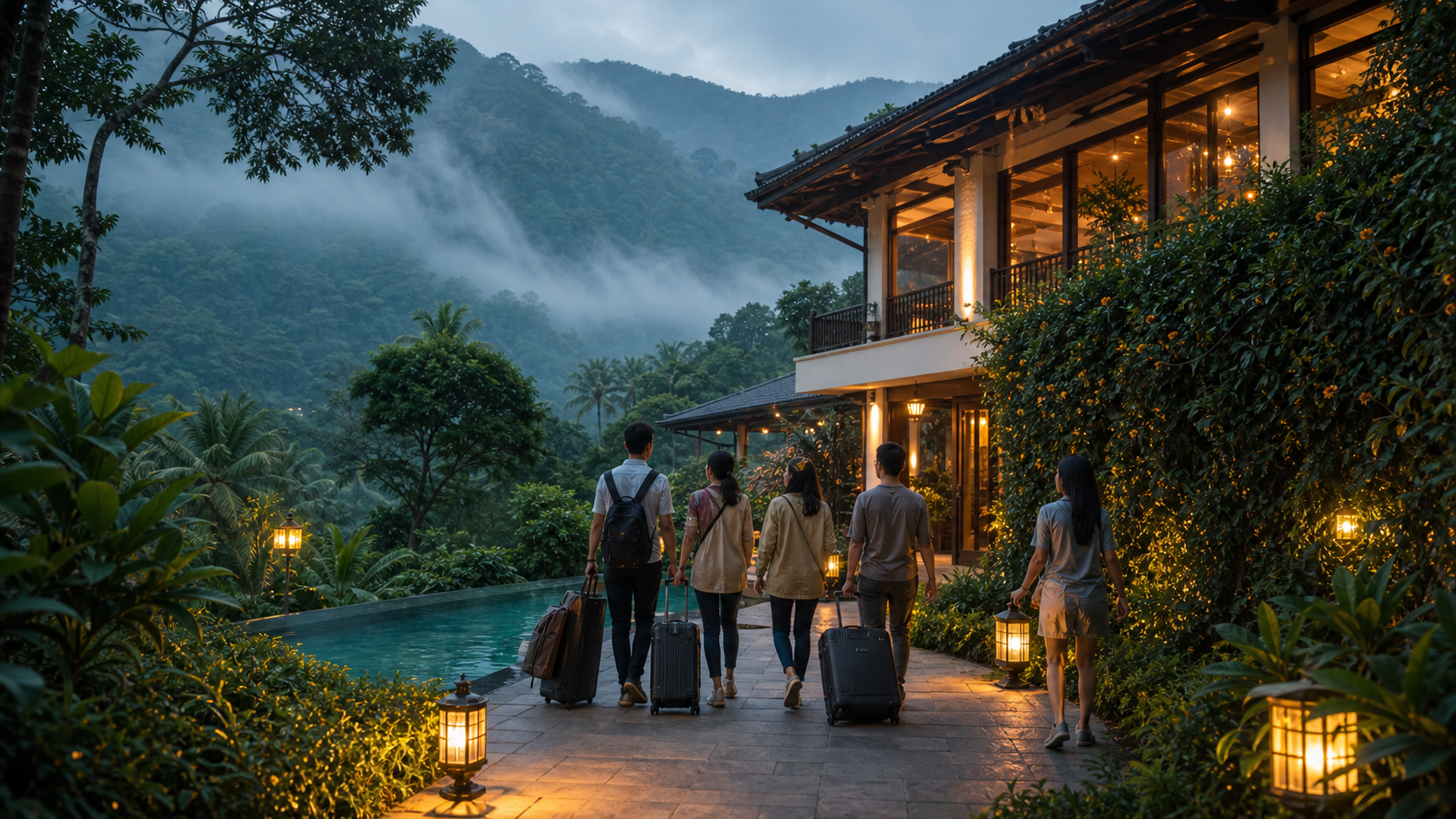Friends arriving at a misty Kandyan resort