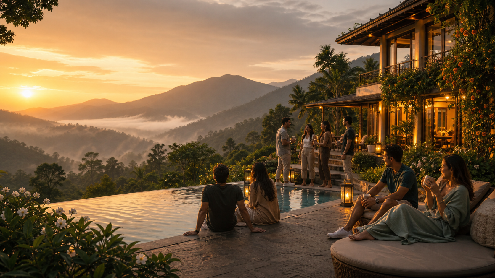 Friends relaxing at the resort at golden hour