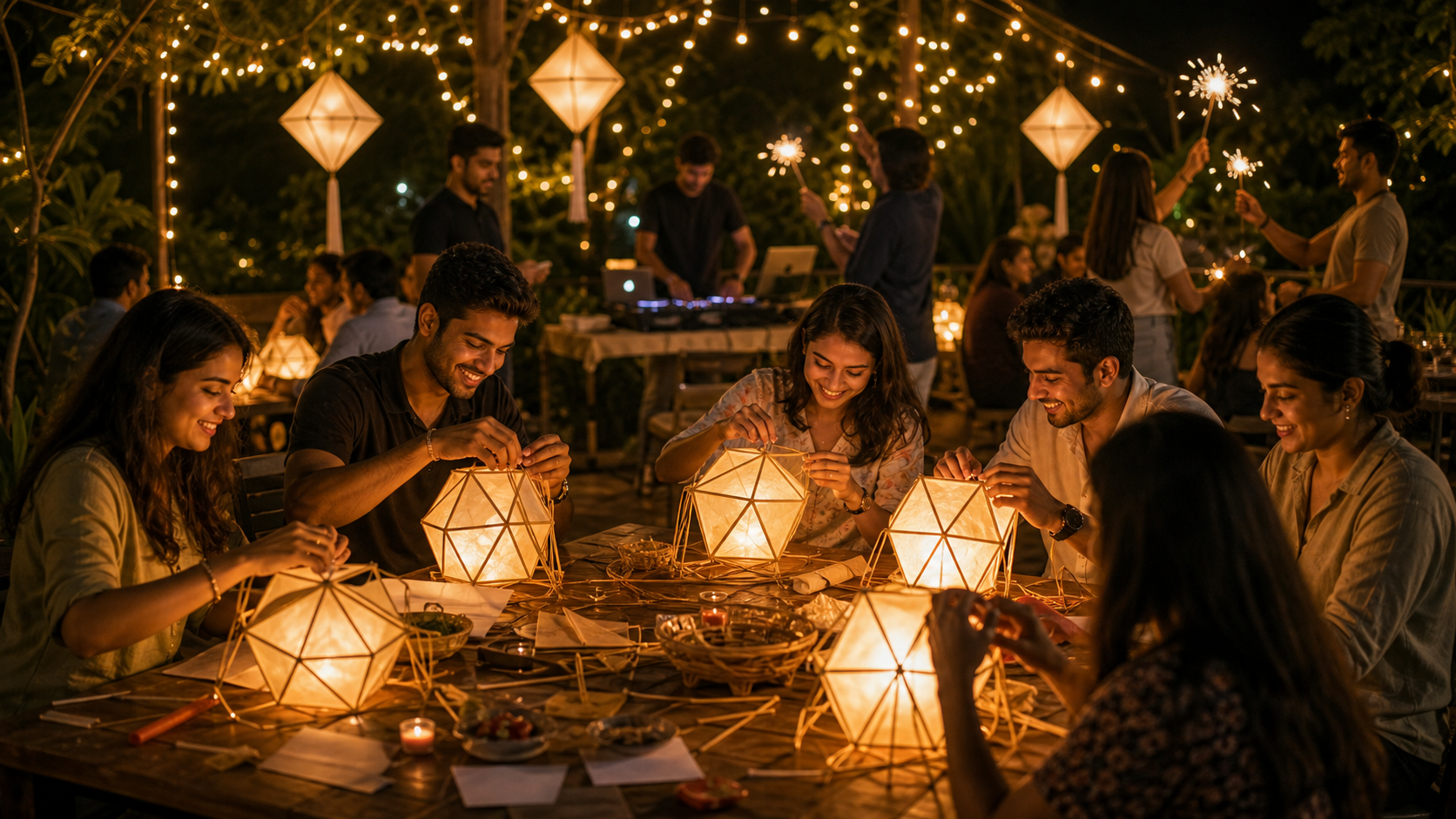 Friends making lanterns under warm lights
