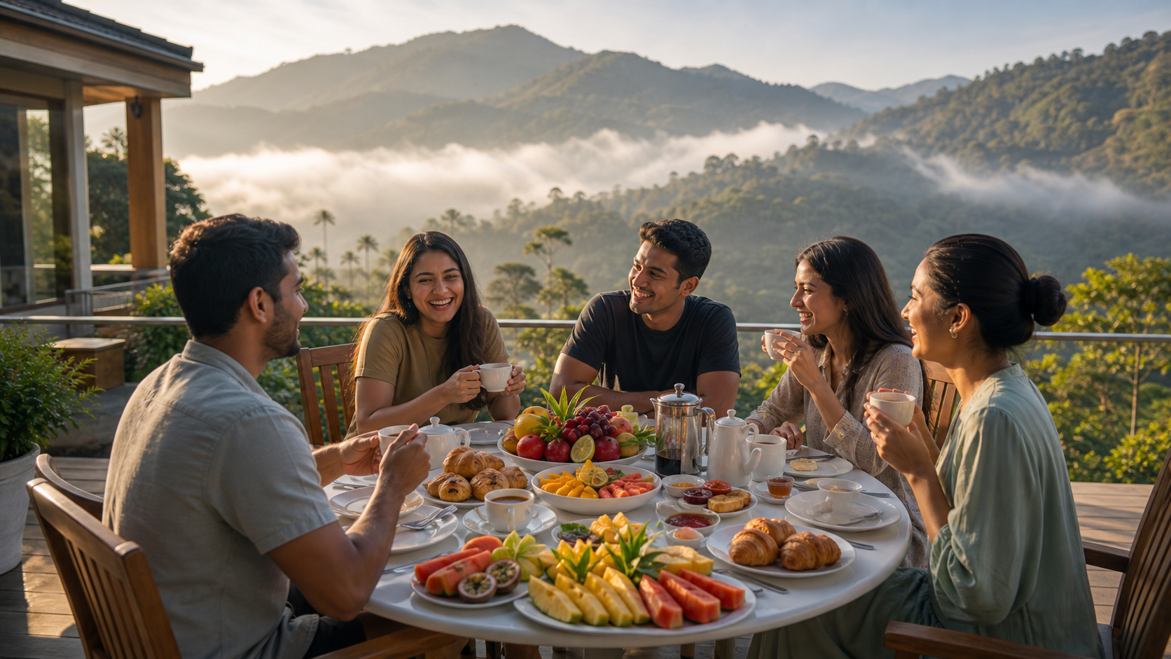 Gourmet breakfast on a mountain terrace